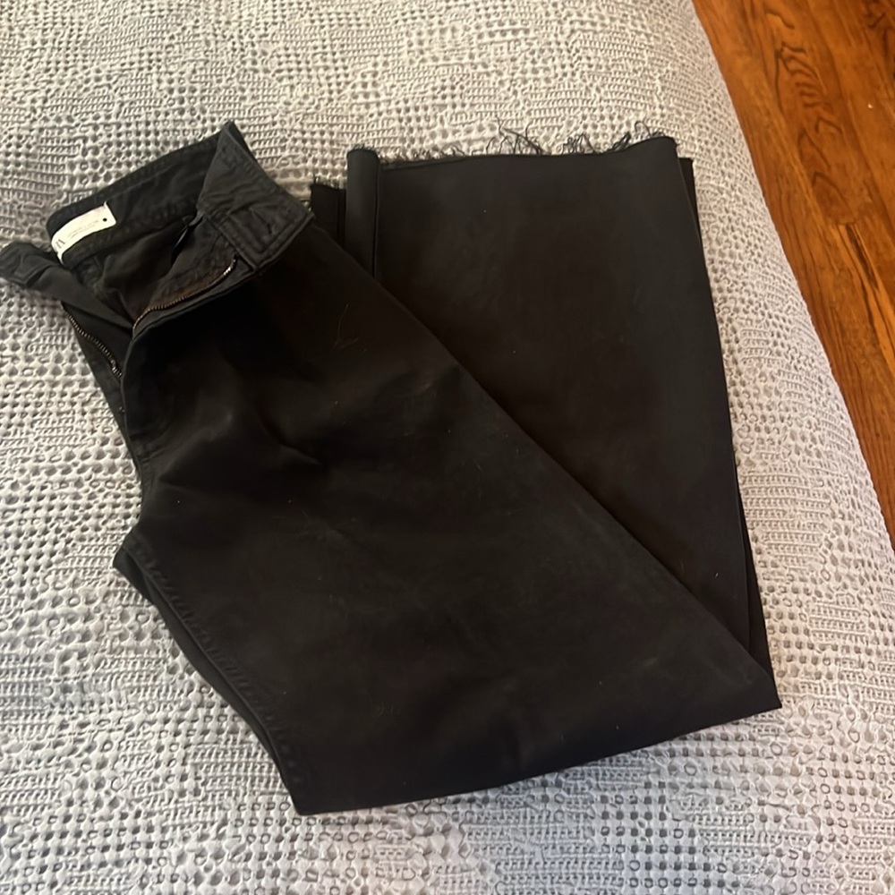 Zara black denim jeans pants high rise flare with raw hem size us 2 - Picture 6 of 7